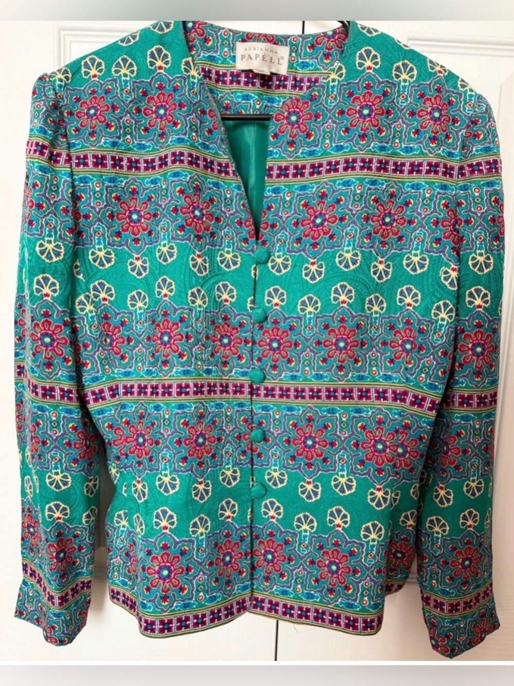 Vintage Adrianna Papell Geometric Teal Sea Blue Floral Silk Button Jacket Size 8
